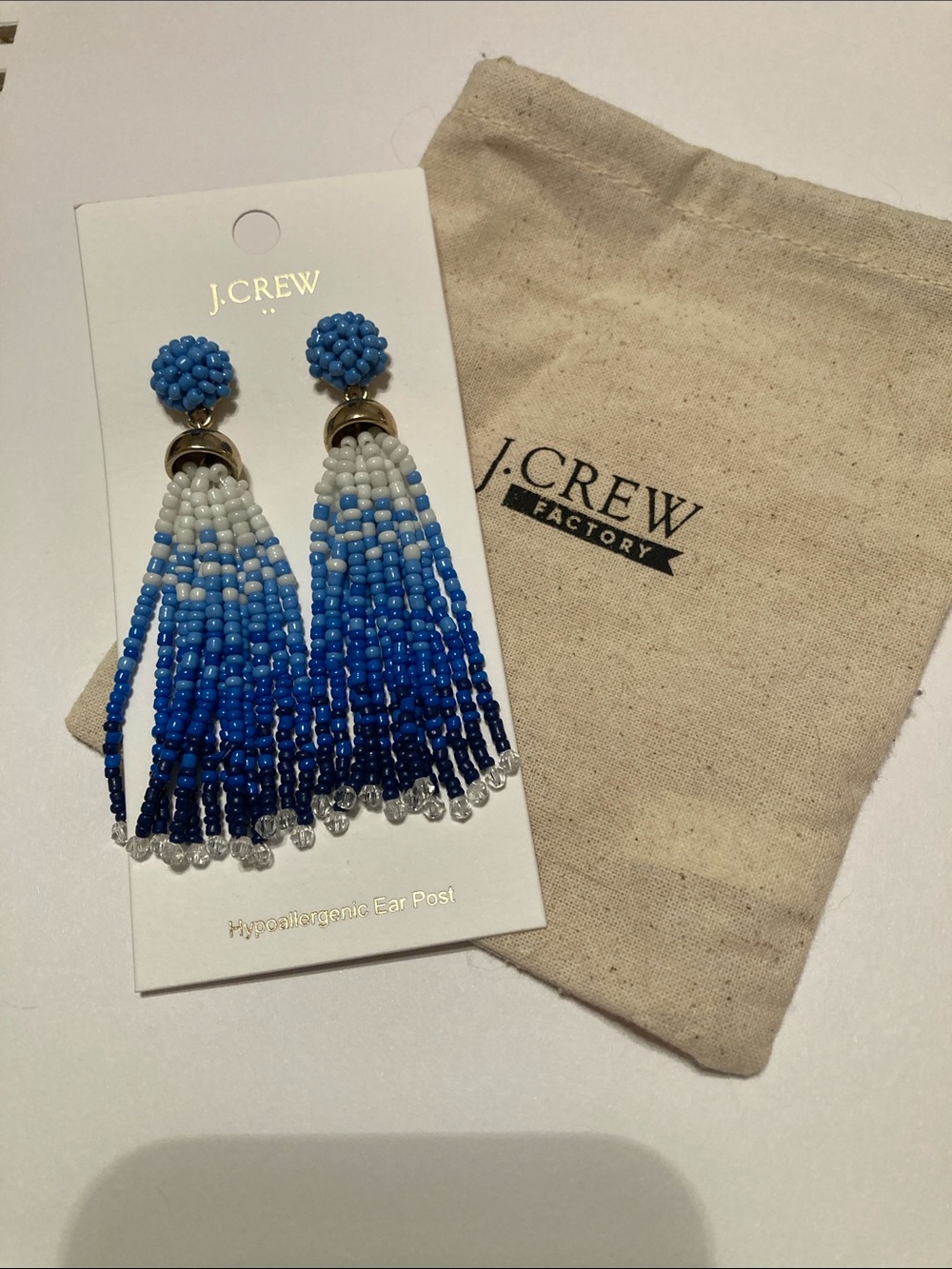 JCrew Factory white and blue gradient bead tassel earrings